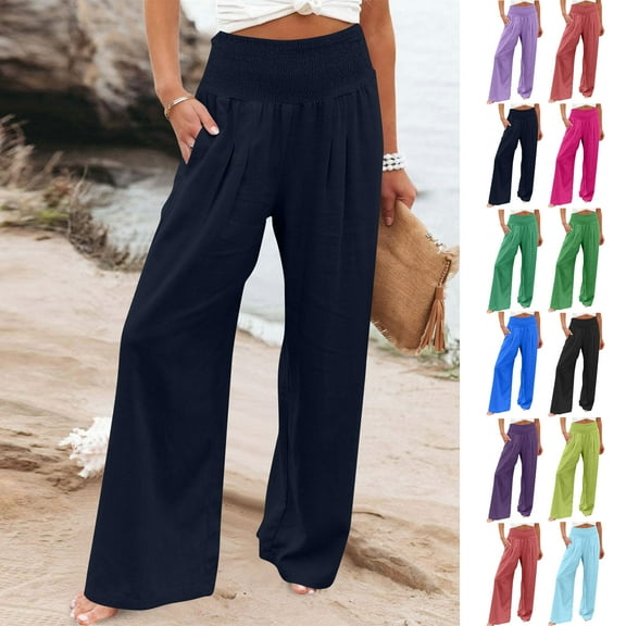 High Waist Pants for Women Solid Color Lightweight Wide Leg Trousers Casual Long Pants with Side Pockets Drawstring Autumn Vacation Fashion Casual Pants