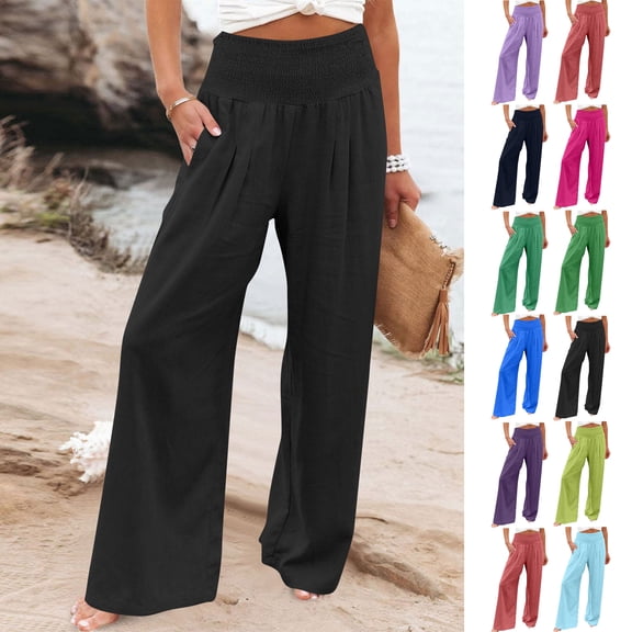 High Waist Pants for Women Solid Color Lightweight Wide Leg Trousers Casual Long Pants with Side Pockets Drawstring Autumn Vacation Fashion Casual Pants