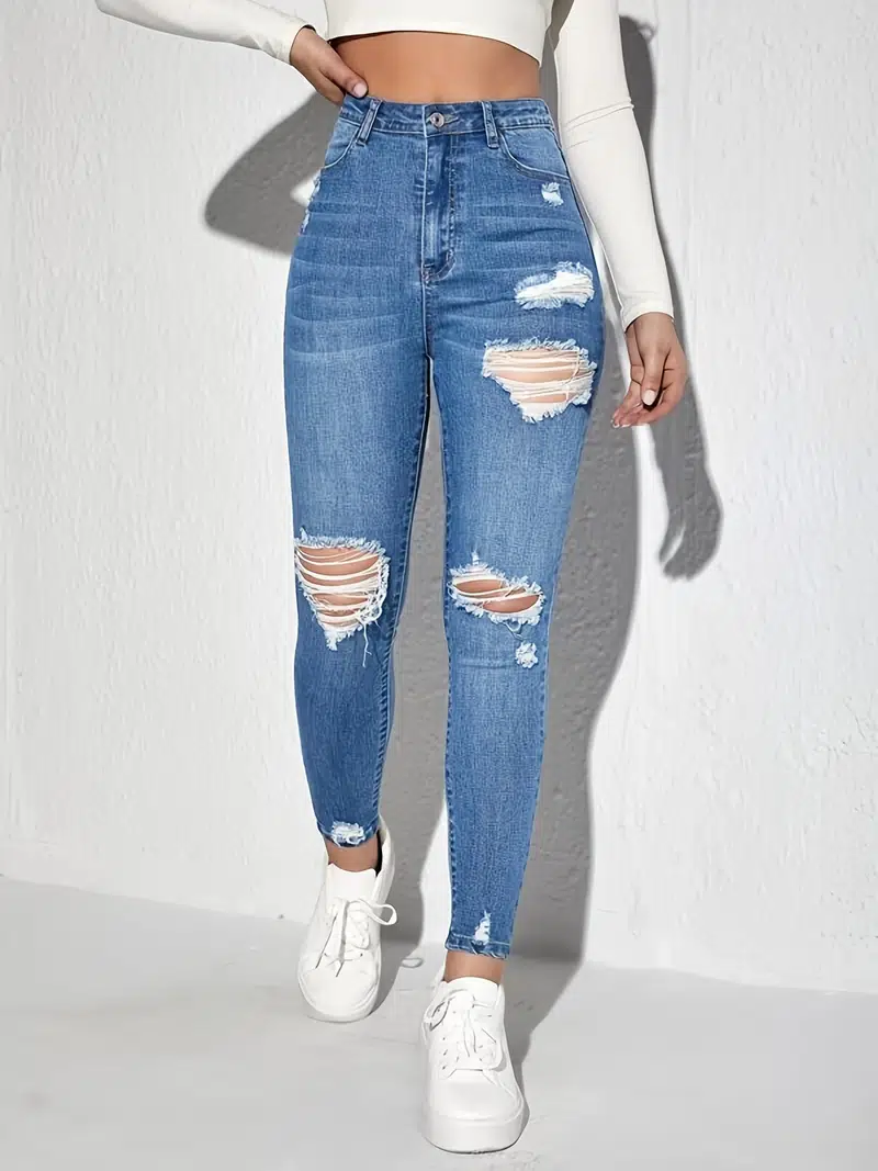 SHEIN Teen Girls Ripped Cut Out Straight Leg Jeans