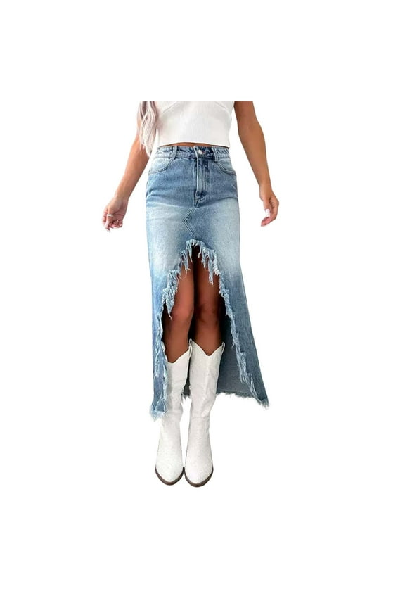 High - Waist Irregular Distressed - Washed Denim Skirt for Women