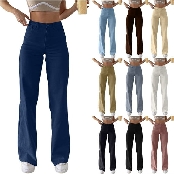High Waist Jeans Women, Casual Travel Distressed Stretchy Jeans, Female Straight Leg Denim Pants with Pockets