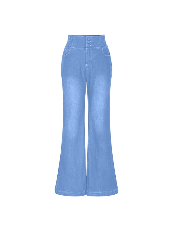 High Waist Jeans Women's Wide Leg Flare Jeans, High Waisted Stretchy Boot Cut Long Denim Elastic Pants with Pockets Light Blue XL