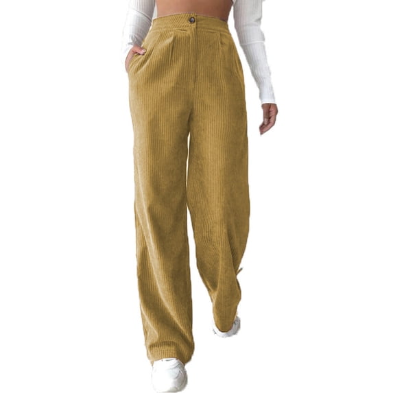 High Waist Khaki Straight Leg Pants - Pure Color Comfort Loose Women's Casual Daily Wear - Size L
