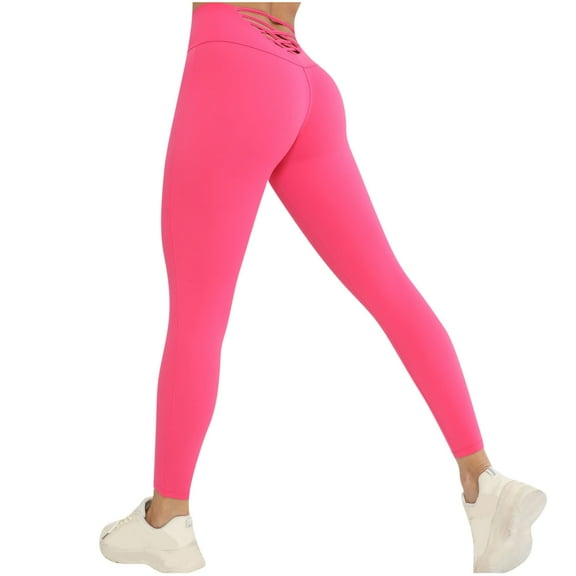 High Waist Leggings for Women Back Hollow Out Stretch Yoga Pants Seamless Workout Gym Running Capri Leggings Full Length Skinny Tights Hot Pink,L