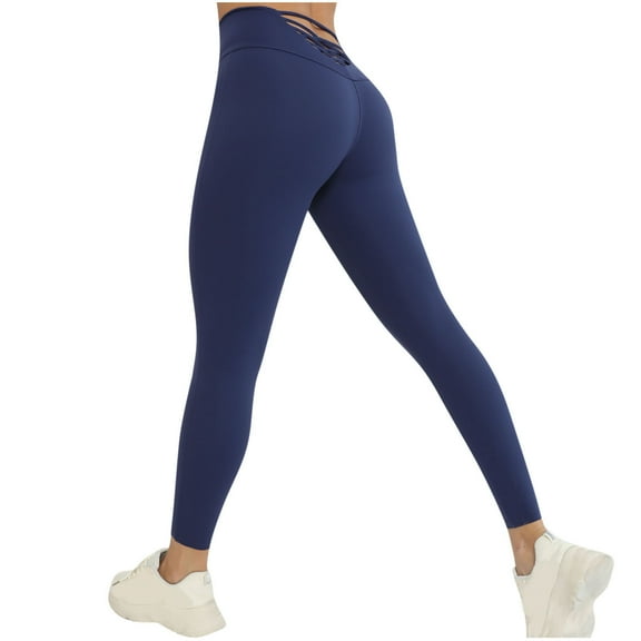 High Waist Leggings for Women Back Hollow Out Stretch Yoga Pants Seamless Workout Gym Running Capri Leggings Full Length Skinny Tights Navy,M