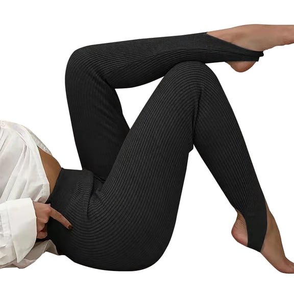 High Waist Leggings for Women Solid Color Knit Full Length Tight Yoga Pants Spring Stretchy Slim Leg Cozy Trousers(Black,L)