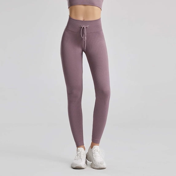 High Waist Leggings with Pockets Women's High Waist Drawstring Leggings Seamless Ribbed Yoga Pants for Loungewear Casual Gym Fitness Wear L