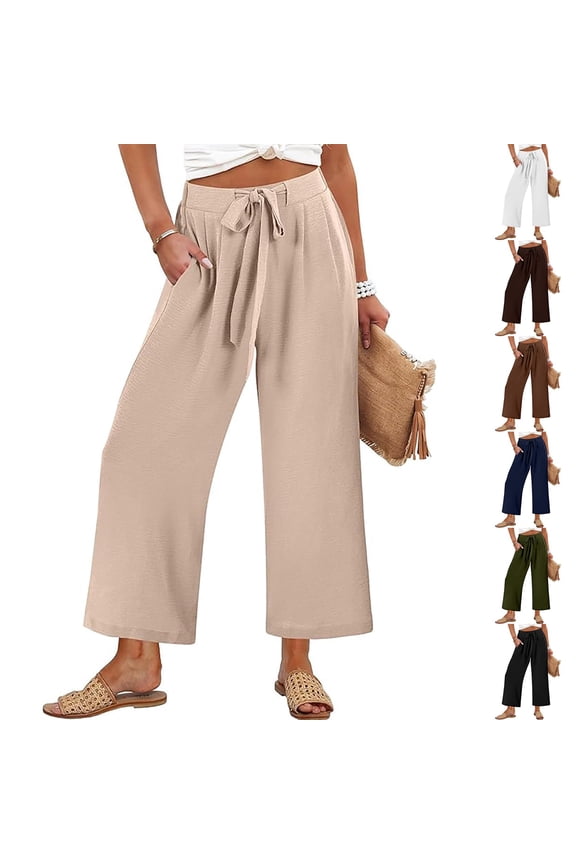 High Waist Linen Cropped Wide Leg Pants For Women With Pockets Casual Loose Beach Harem Bottoms