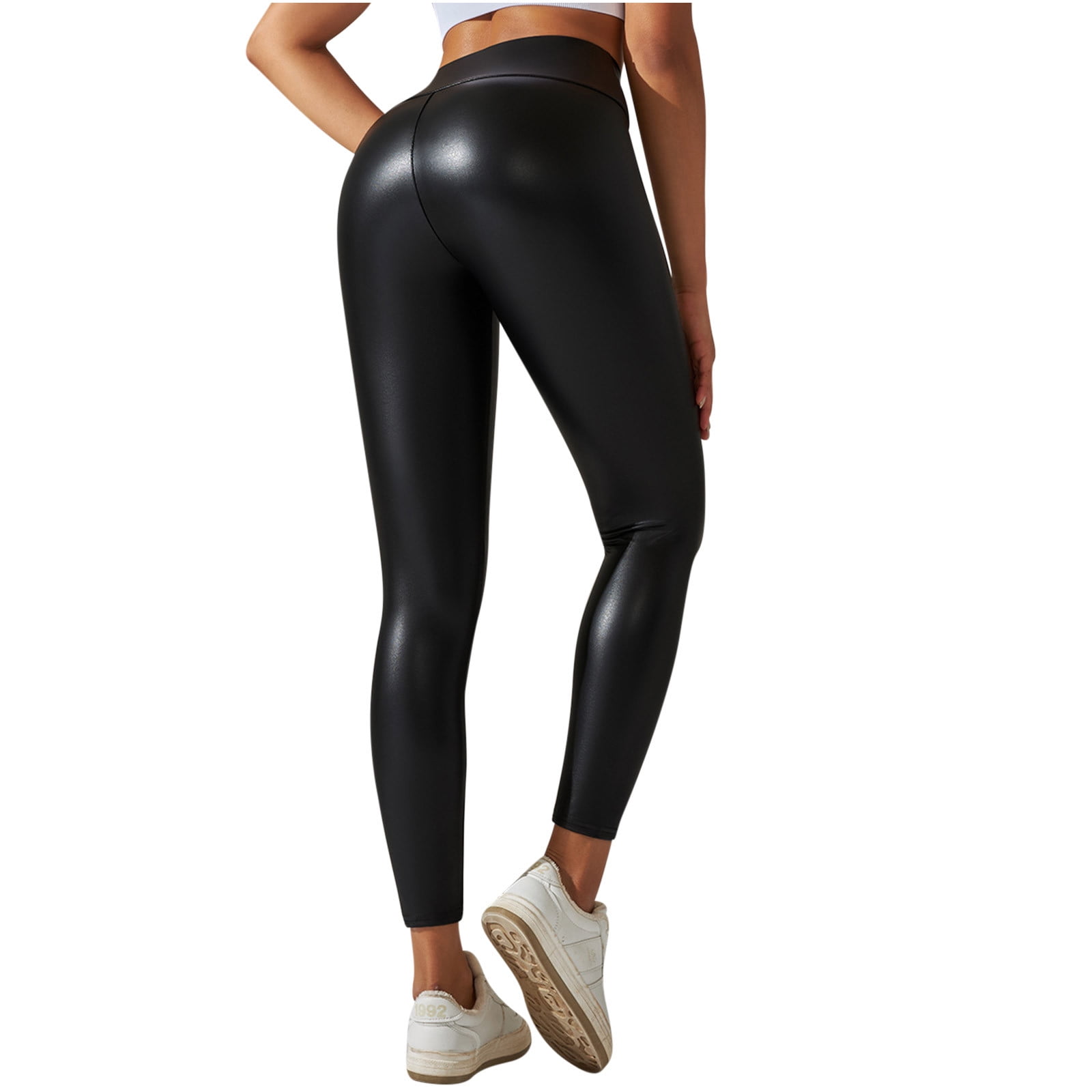 Black Faux Leather Leggings for Women High Waisted Stretch Butt Lift Fleece  Lined Pleather Pants
