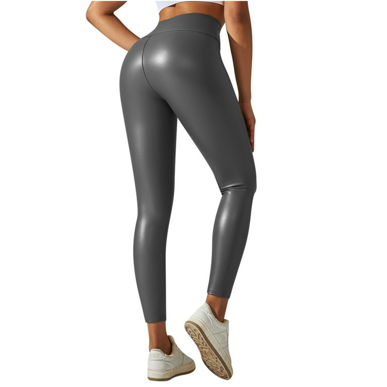 High Waist PU Leather Leggings, Faux Leather Pants for Women Sexy Plus Size  Yoga Stretch Pleather Long Tight Pants (Medium, Gray)