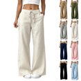 thumbnail image 1 of High Waist Pants for Women Wide Leg Linen Solid Color Pants, Drawstring Casual Loose Trousers with Large Patch Pockets, Flow Floor Length Lightweight Beach Vacation Palazzo Pants, 1 of 6