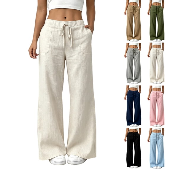 High Waist Pants for Women Wide Leg Linen Solid Color Pants, Drawstring Casual Loose Trousers with Large Patch Pockets, Flow Floor Length Lightweight Beach Vacation Palazzo Pants