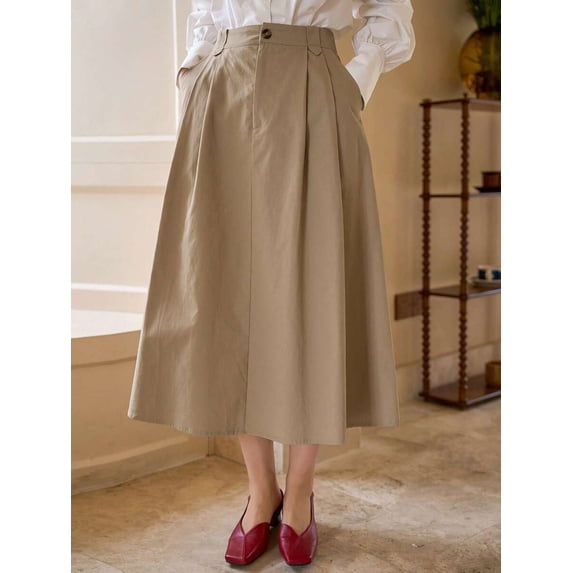 High-Waist Pleated A-Line Midi Skirt In Khaki
