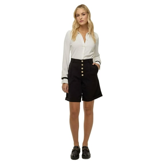 High Waist Pleated Midi Shorts with Button Detail