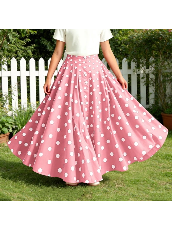 High Waist Polka Dot Maxi Skirt, A Line Long Flared Swing Skirt, Elastic Waist Flowy Bohemian Long Skirt, Casual Retro Printed Long Skirt For Vacation Beach Party Daily Wear Pink