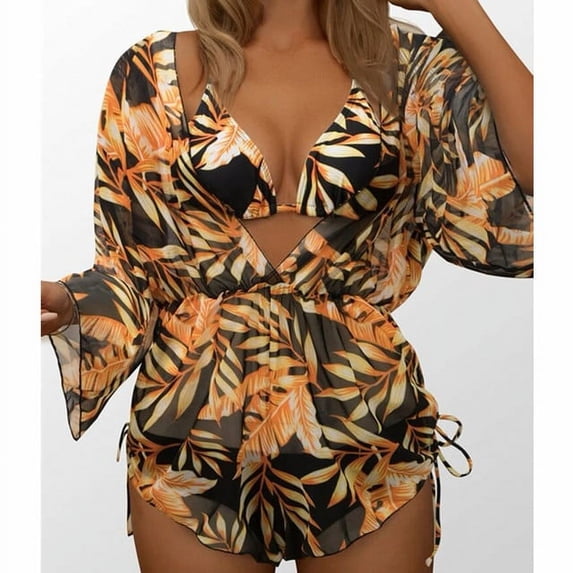 High Waist Print Drawstring Three Piece Bikini Set Swimsuit Bathing Suit Women Fashion Swimming Suits For Women Swimwear