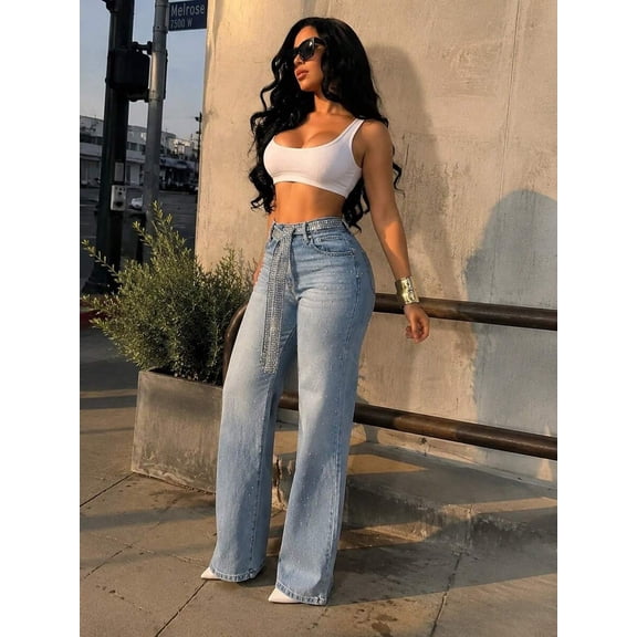 High Waist Rhinestone Embellished Straight Leg Jeans With Belt Streetwear Slimming Casual Long Pants