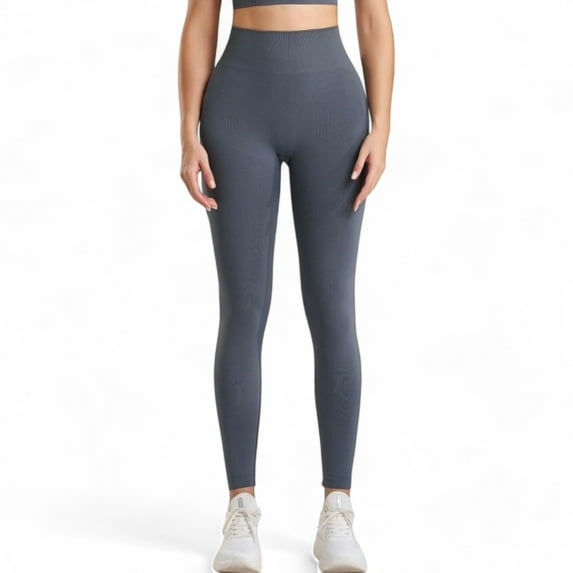 High Waist Ribbed Leggings with Seamless Fit - Large, Gray