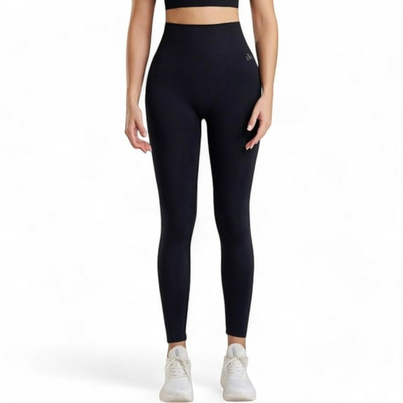 High Waist Ribbed Leggings with Seamless Fit - Medium, Black