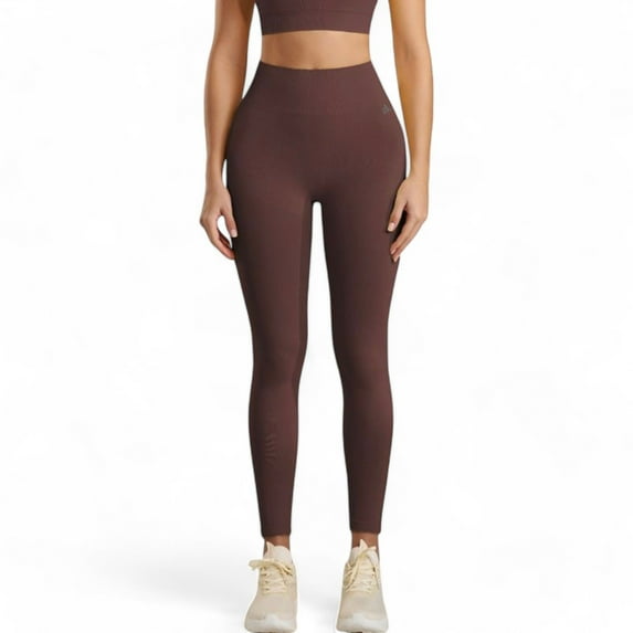 High Waist Ribbed Leggings with Seamless Fit - Small, Coffee