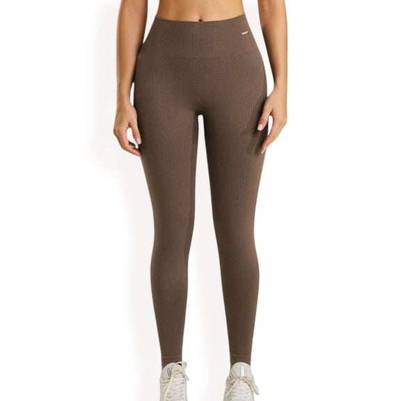 High Waist Ribbed Seamless Leggings with Stch Compression Fit - Large, Beige