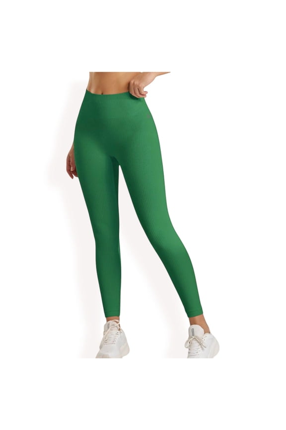 High Waist Ribbed Seamless Leggings with Stretch Compression Fit - Medium, Green