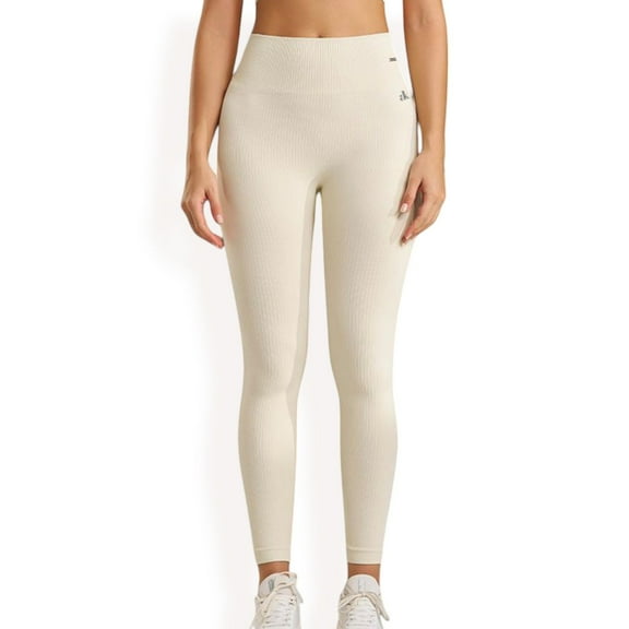 High Waist Ribbed Seamless Leggings with Stretch Compression Fit - Small, Ivory
