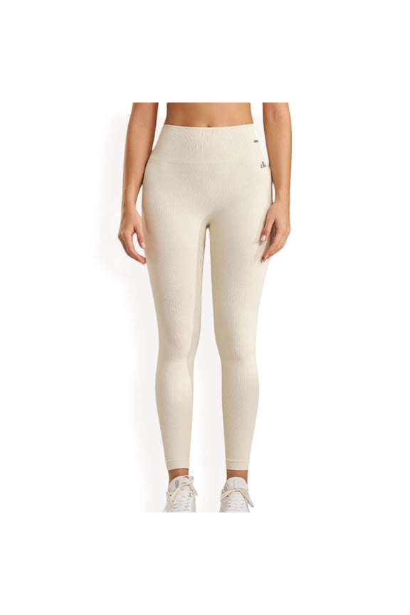 High Waist Ribbed Seamless Leggings with Stretch Compression Fit - Small, Ivory