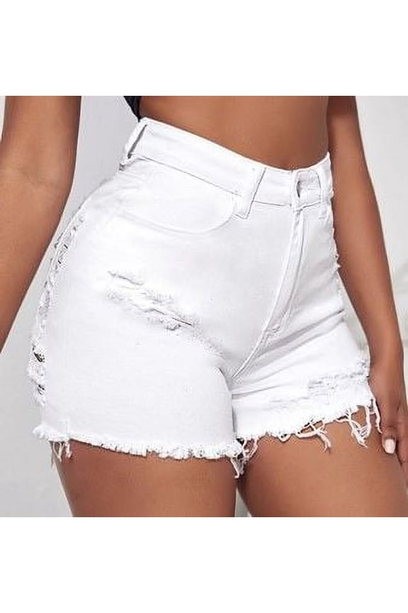 High Waist Ripped Raw Denim Shorts-White