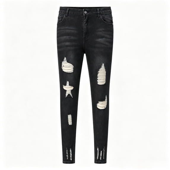 High Waist Ripped Skinny Jeans for Women - High Stretch Black Washed Distressed Denim Pants for Daily Wear