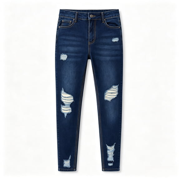 High Waist Ripped Skinny Jeans for Women - High Stretch Deep Blue Washed Frayed Hole Denim Pants for Street Style