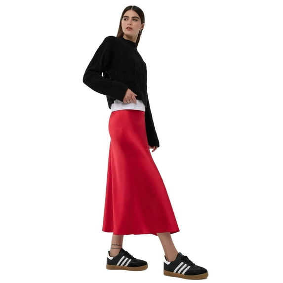 High-Waist Satin Midi Skirt