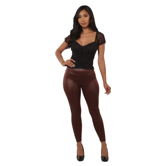 High Waist Scrunch Butt PU Faux Leather Leggings - Chocolate Brown
