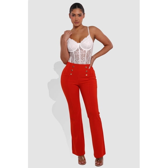 High Waist Sculpting Flare Pants With Metal Button Waist Detail - Vermilion