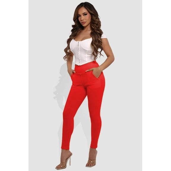 High Waist Sculpting Treggings With Front Pockets - Barbados Cherry