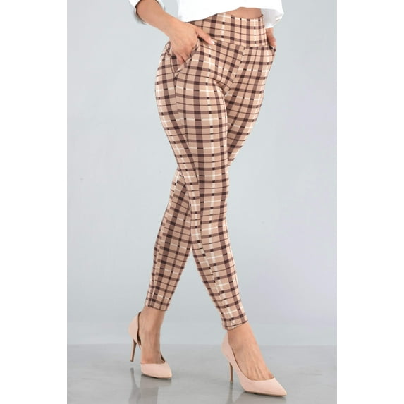 High Waist Sculpting Treggings With Front Pockets - Tan Brown Plaid