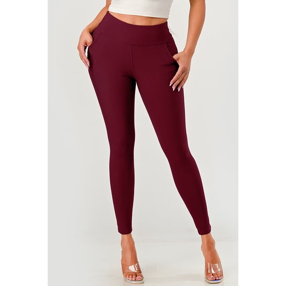 High Waist Sculpting Treggings With Front Pockets - Wine
