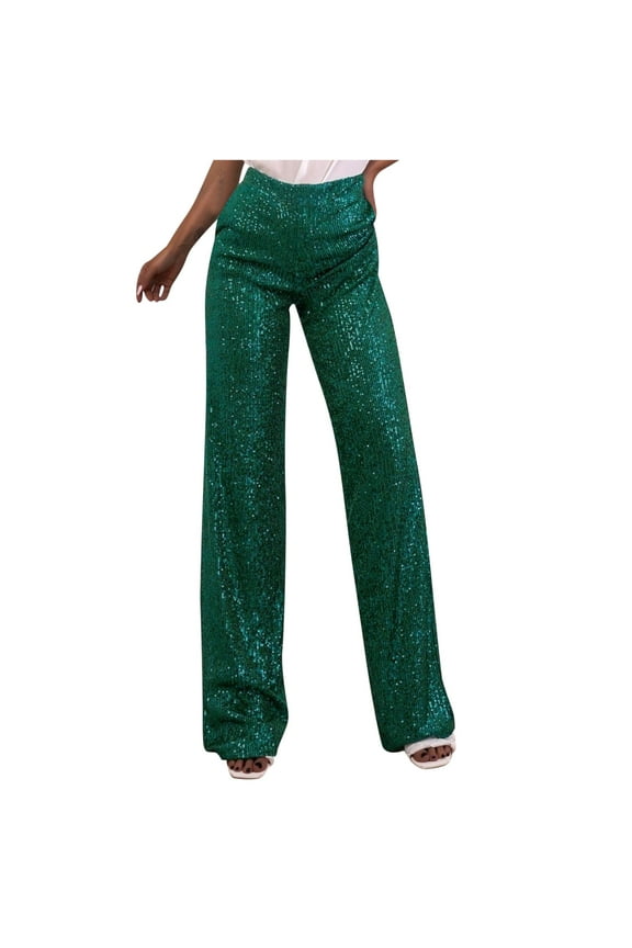 High Waist Sequin Party Pants Women Wide Leg 70s 80s Clubwear Sparkle Bling Long Trousers Dance Disco Flare Pants