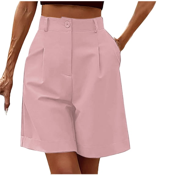 High Waist Shorts for Women, Solid Color Wide Leg Loose Shorts with Side Pockets, Comfy Breathable Office Work Shorts Pinks S
