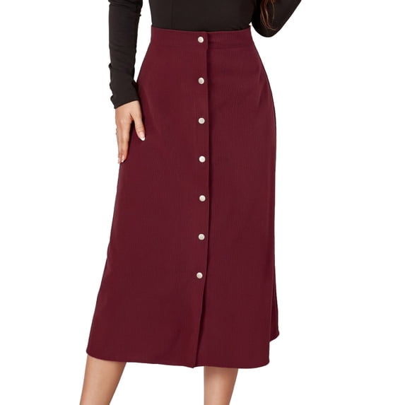 High Waist, Single-Breasted, Soft & Stylish A-Line Casual Wear for Women, Size XL Red Wine-colored Midi Skirt