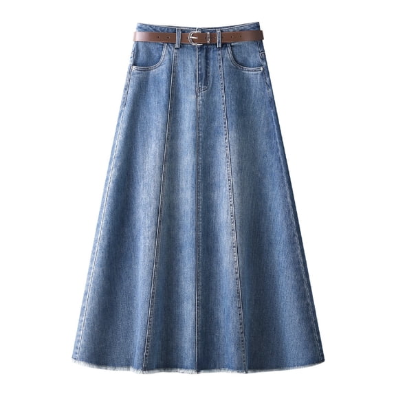 High Waist Slimming Pleated Midi Skirt Women'S New Denim A-Line Long Skirt With Flowy Fall Style Casual Stretch Washed Staple