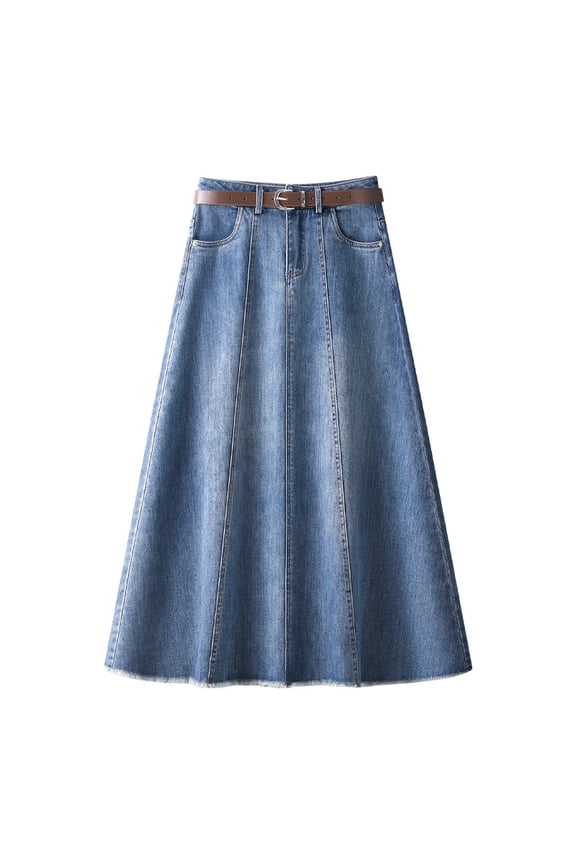 High Waist Slimming Pleated Midi Skirt Women'S New Denim A-Line Long Skirt With Flowy Fall Style Casual Stretch Washed Staple