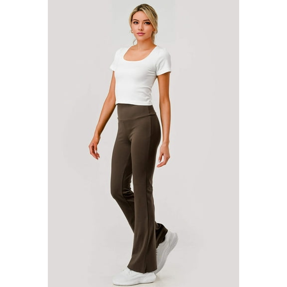 High Waist Soft Brushed Stretch Knit Flare Pants - Chocolate Brown