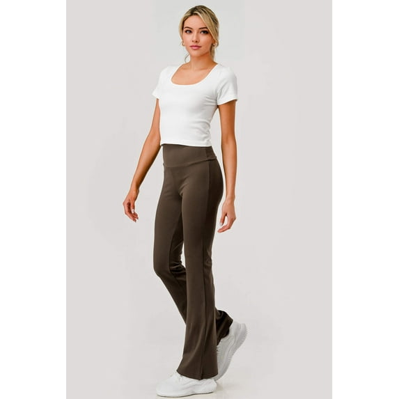 High Waist Soft Brushed Stretch Knit Flare Pants - Chocolate Brown