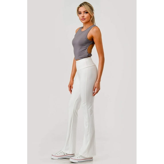 High Waist Soft Brushed Stretch Knit Flare Pants - White