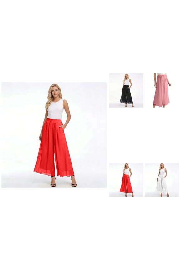 High Waist Solid Satin Chiffon Palazzo Pants, Cropped Wide Leg 9/10 Length, Elastic Waist Women's Beach Dress Trouser