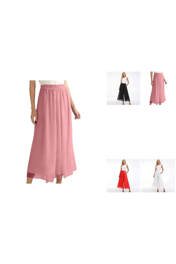 High Waist Solid Satin Chiffon Palazzo Pants, Cropped Wide Leg 9/10 Length, Elastic Waist Women's Beach Dress Trouser