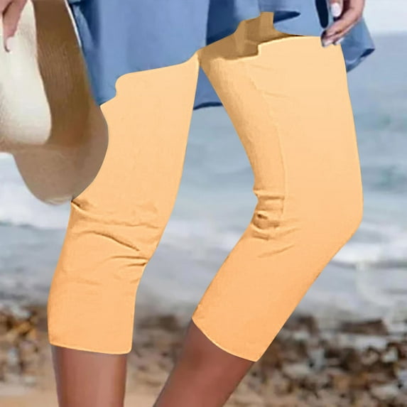 High Waist Sports Capris Yoga Pants For Women Fashion Solid Color Workout Running Leggings Comfortable Casual Beach Pants Yoga Capris Yellow XXL