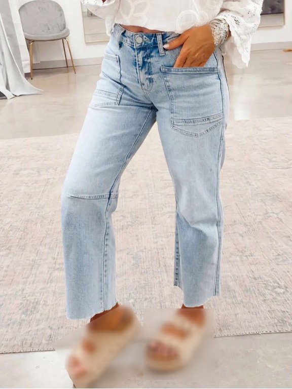 High Waist Straight Leg Jeans for Women Patch Pocket Raw Edge Loose Fit Stretch Denim Pants Casual
