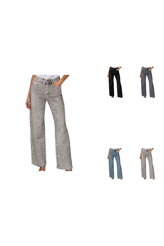 High Waist Straight Leg Jeans for Women Sparkly Rhinestone Distressed Denim Pants, Loose Boyfriend Fit with Pockets, Soft Casual Winter Wear